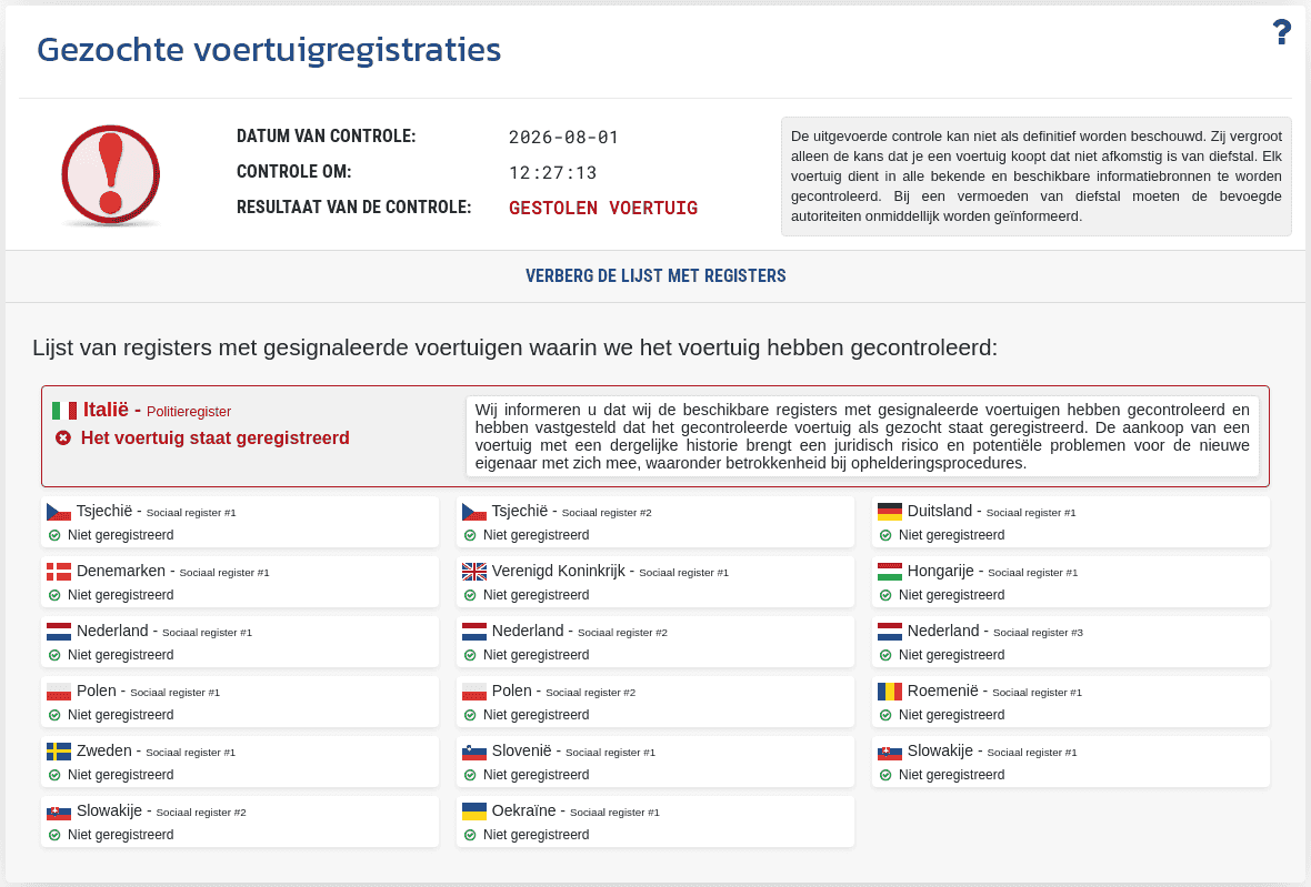 De sectie "Databank gezochte voertuigen" in het VIN-Info-rapport toont het resultaat van de VIN-controle in beschikbare databanken van gestolen voertuigen.