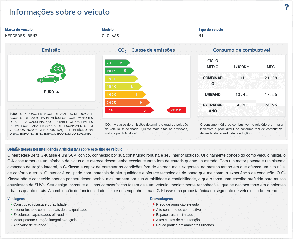 A seção "Informações do veículo" no relatório VIN-Info mostra os dados técnicos disponíveis e os parâmetros do veículo vinculados ao número VIN.