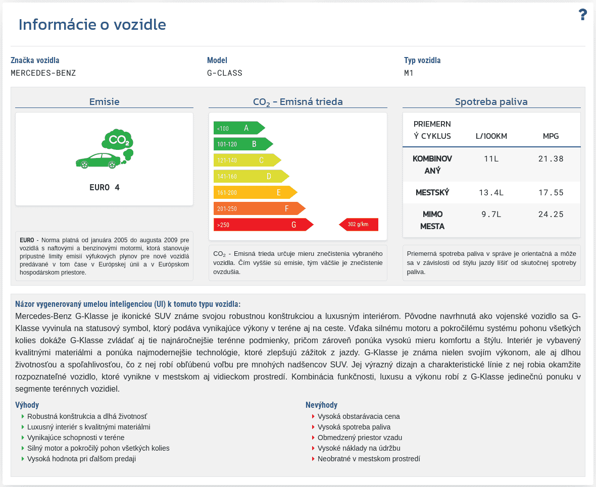 Sekcia "Informácie o vozidle" v správe VIN-Info zobrazuje dostupné technické údaje a parametre vozidla prepojené s číslom VIN.